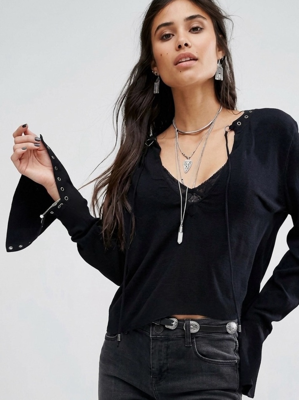 Free People Jump to The Beat Black Blouse Bell Sleeve Boho Grunge Top Lace Up M